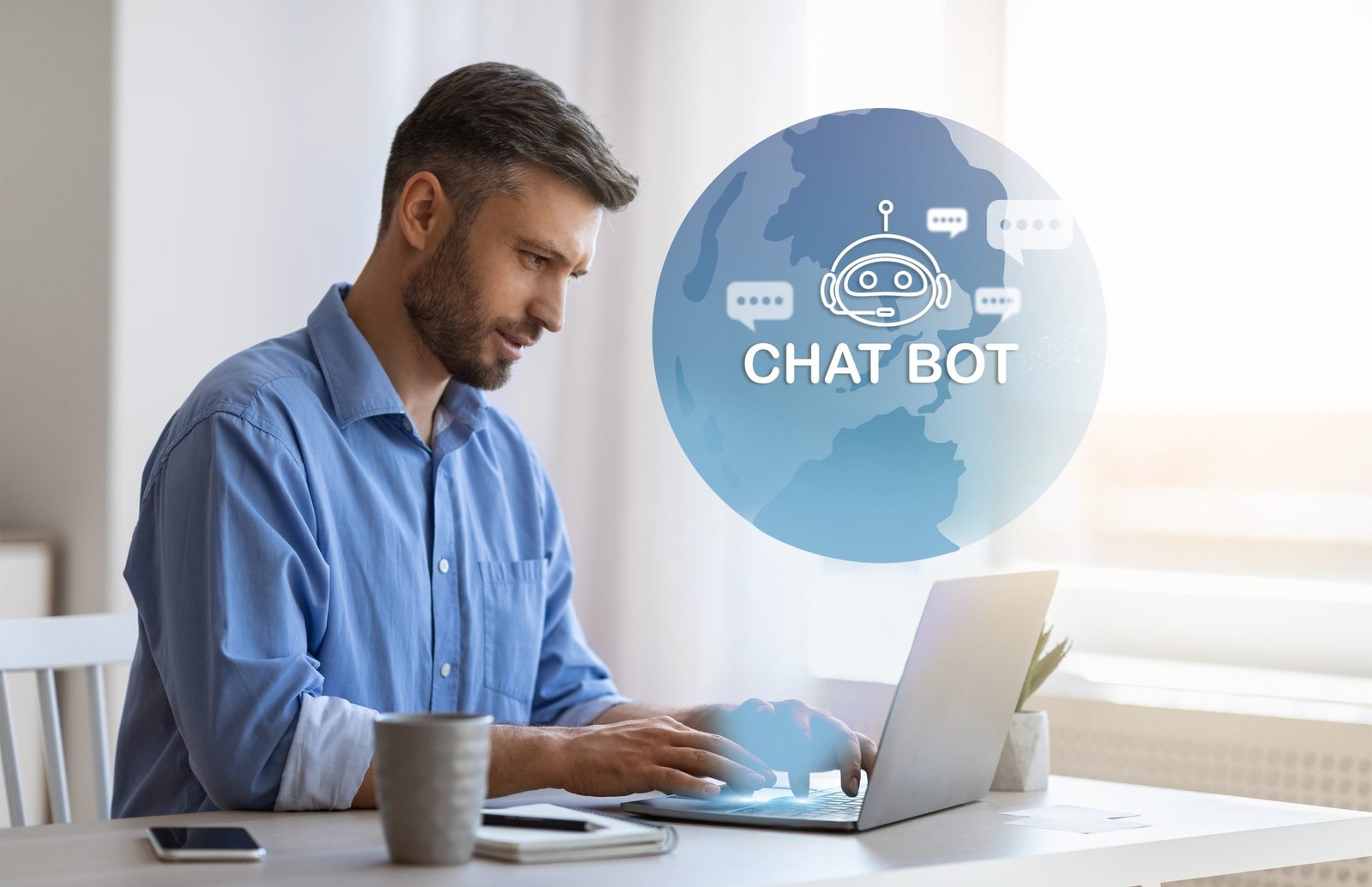 Millennial man independent contractor using chatbot on laptop at home Courts using Chatbots