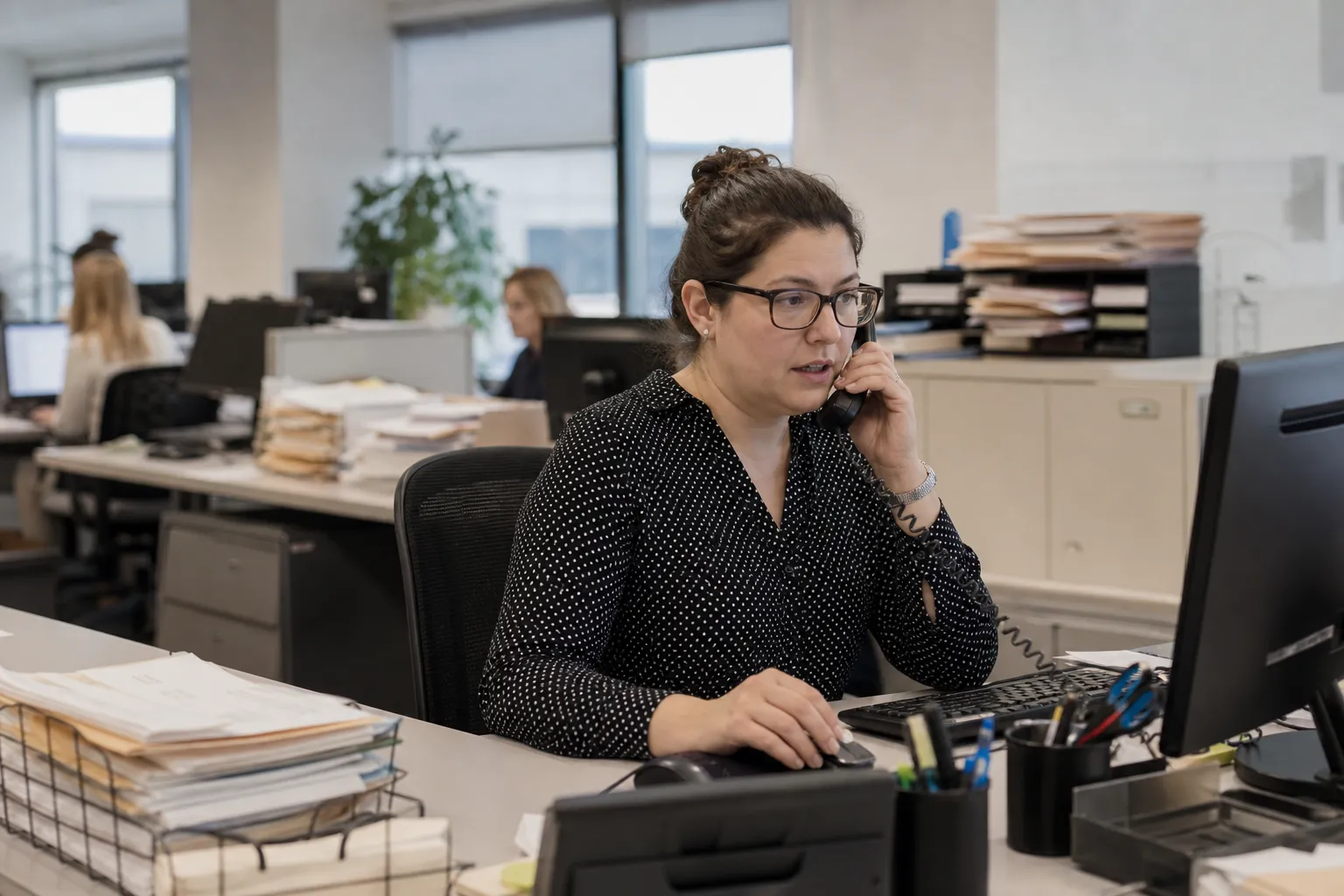 Government office worker answering a desk phone call
