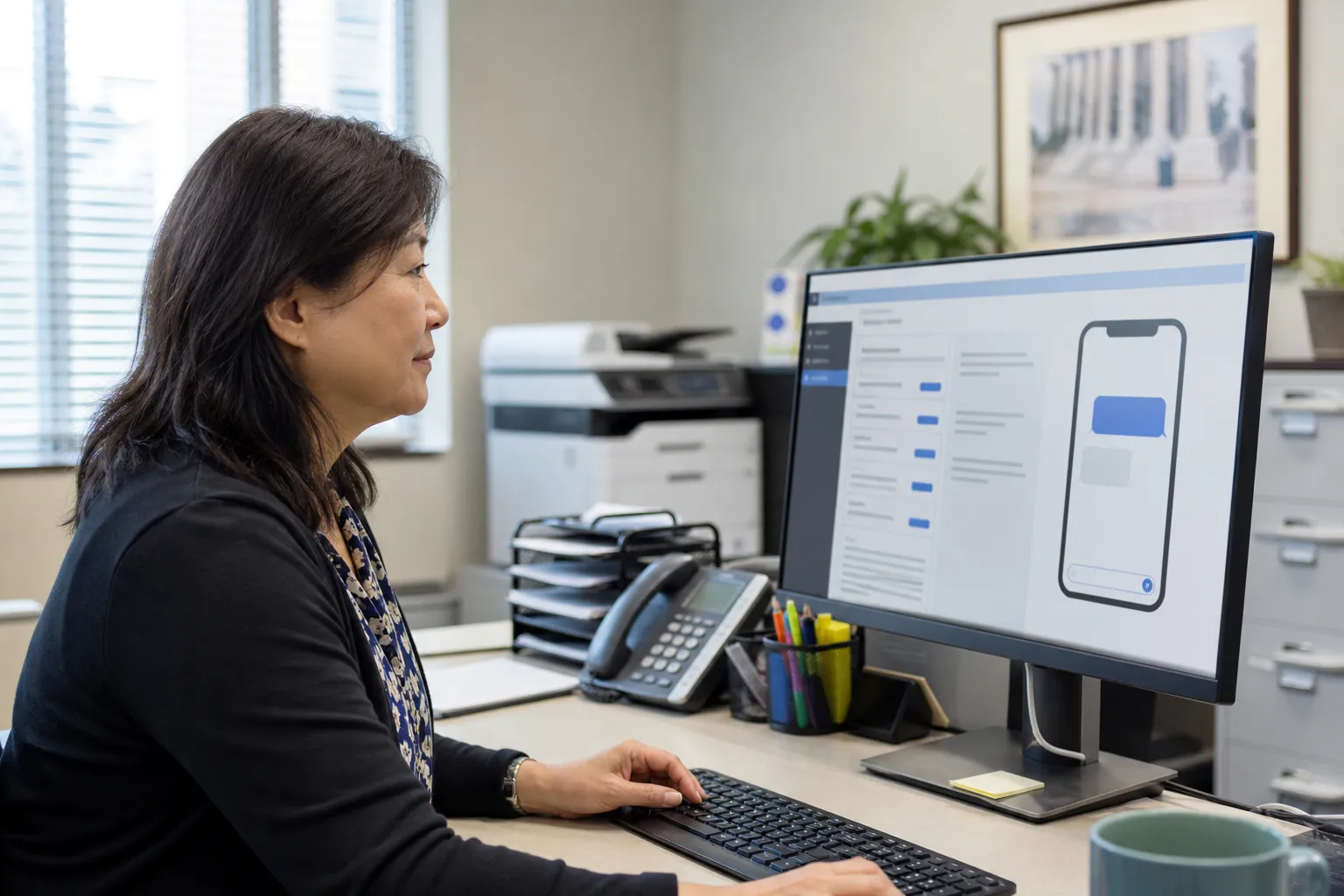 Court clerk at a desk reviewing a text message reminder interface on a computer screen